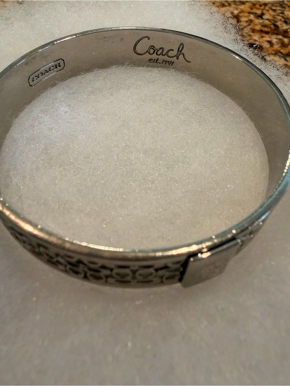 Vintage Coach Silver-Tone Logo Hinged Bracelet Bangle.